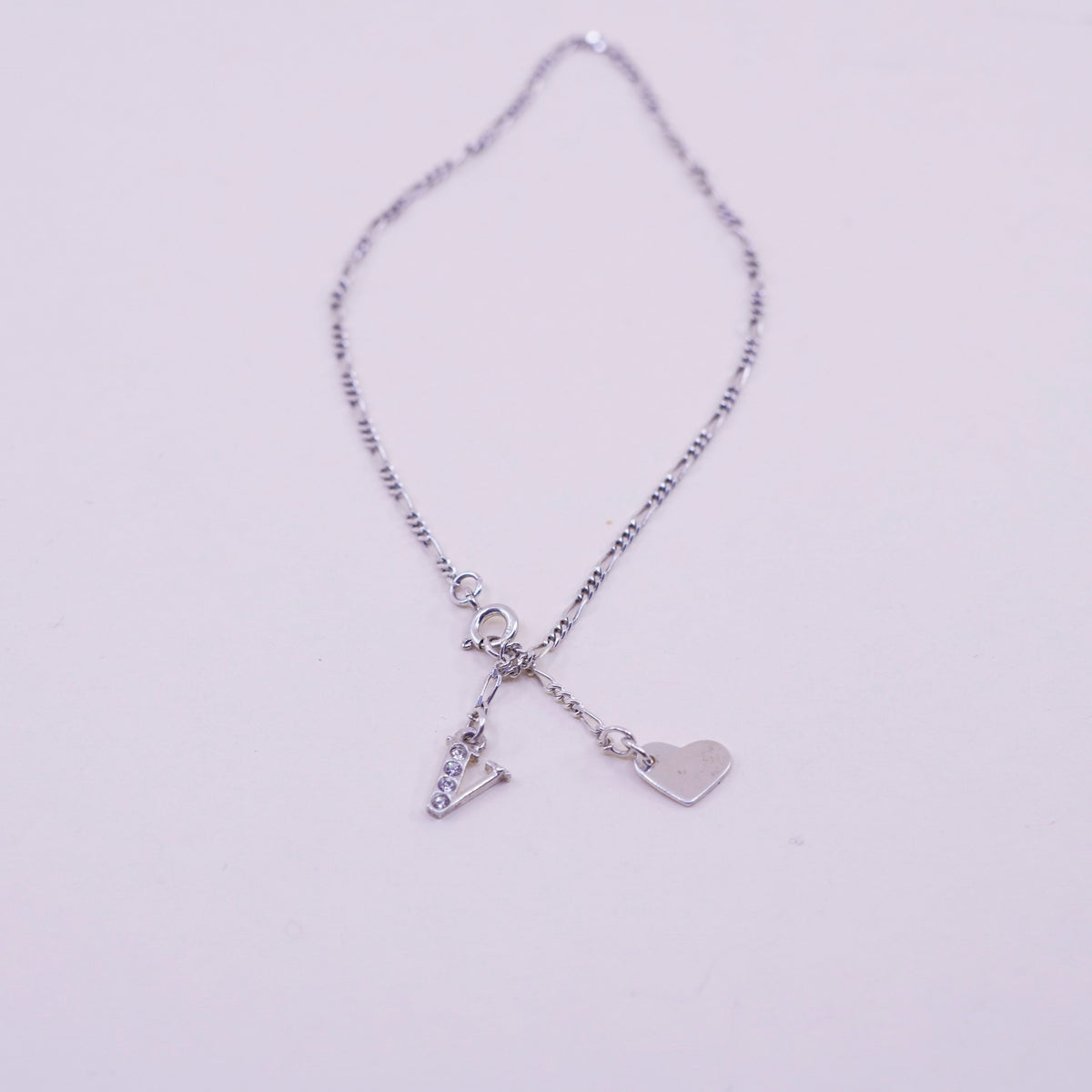 9.25”, sterling silver bracelet, Italy 925 chain, figaro anklet initial A heart