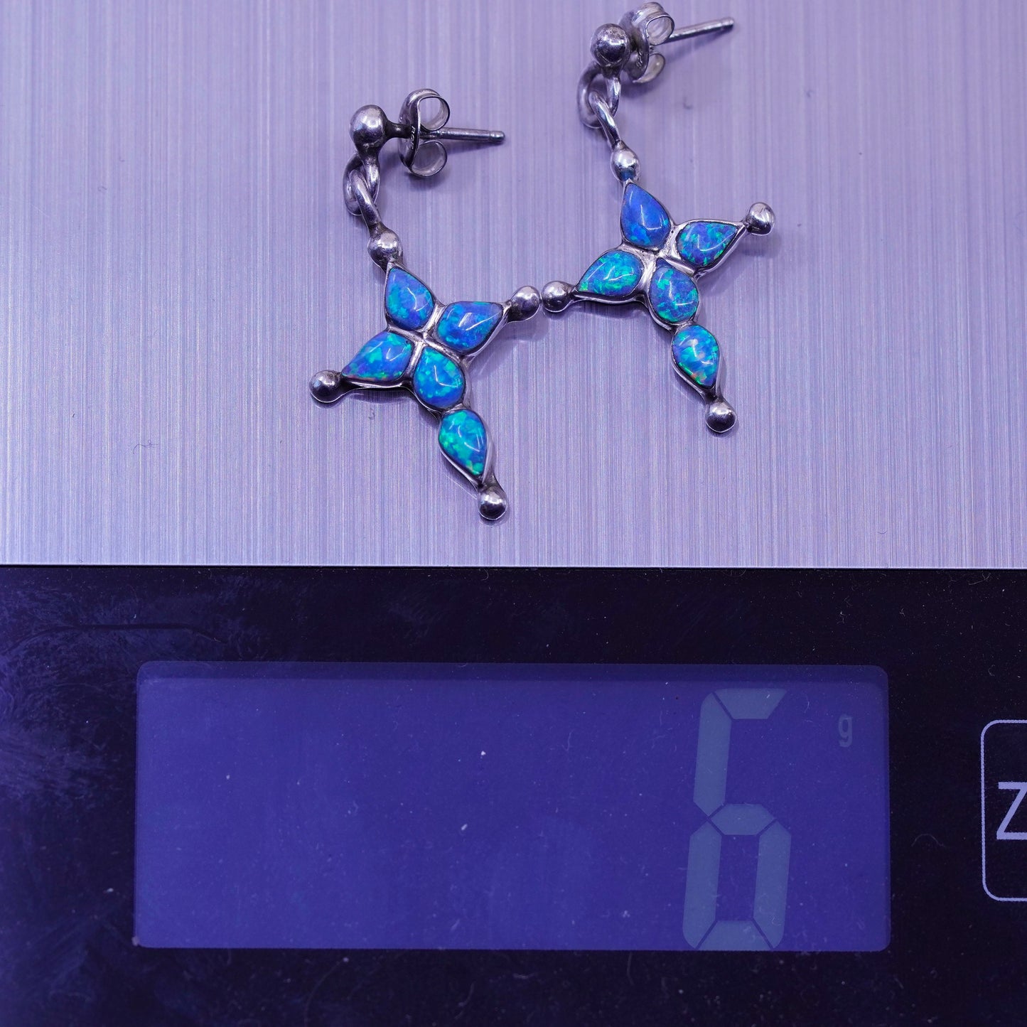 Native American Navajo Sterling 925 silver earrings, cross with fire opal