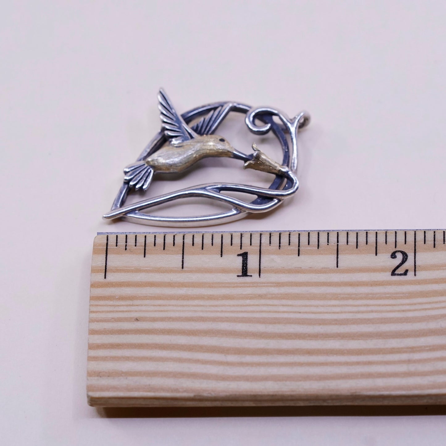 vtg S Tusse Sterling 925 silver pendant, hummingbird with flower and enamel