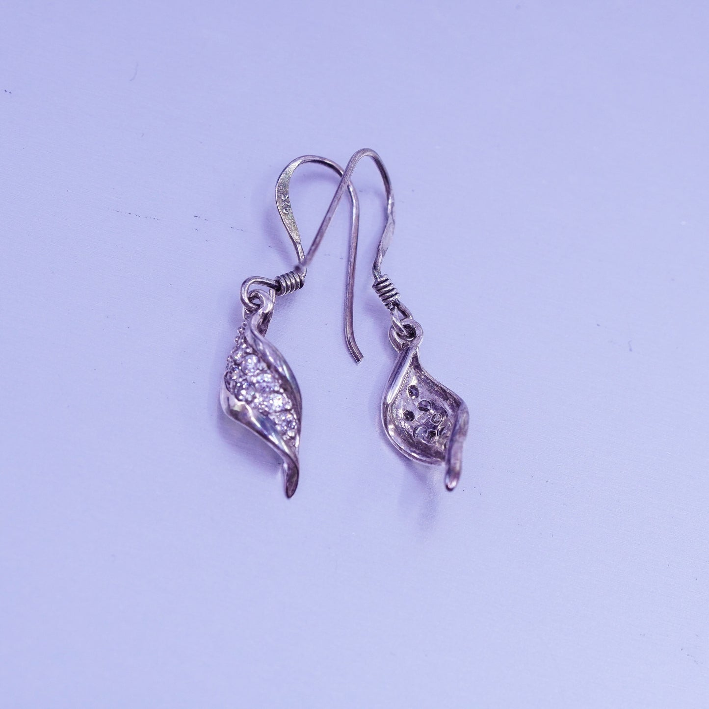 Vintage Sterling 925 silver earrings with wavy dangle and Cz