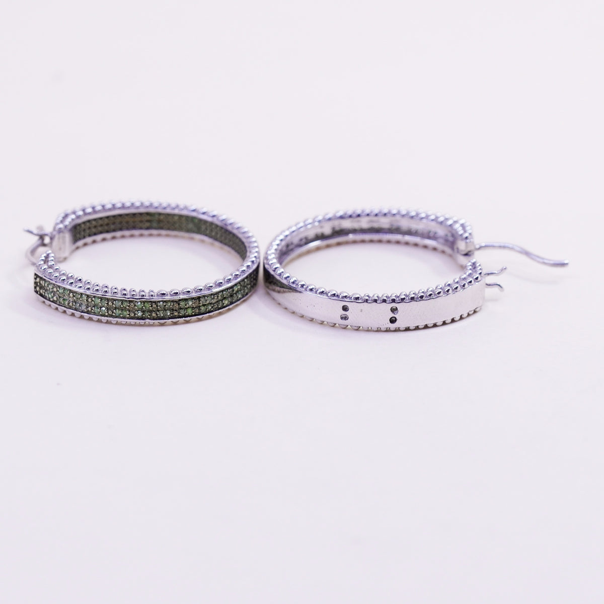 1.25”, sterling silver earrings, 925 silver hoops, Huggie with cluster emerald