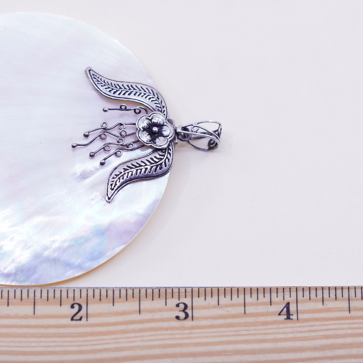 Vintage sterling silver handmade pendant, huge 925 round circle mother of pearl