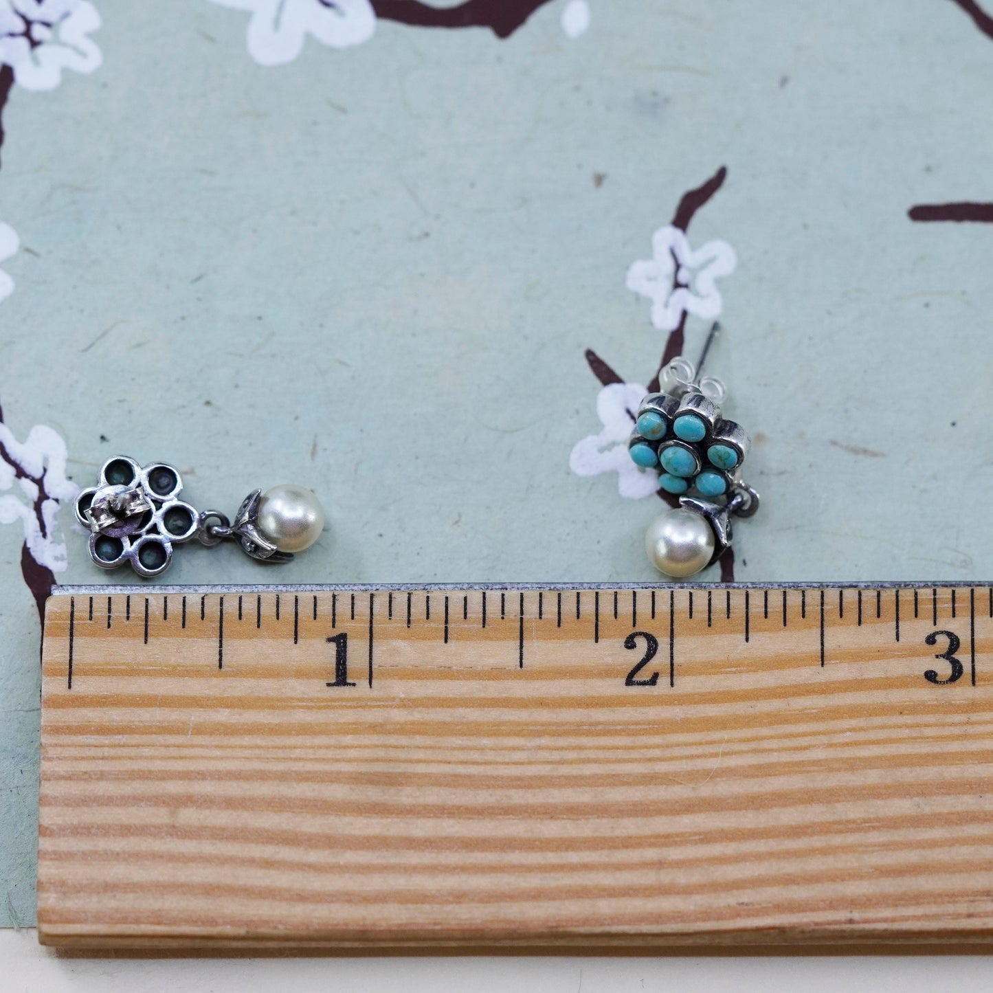 Native American Sterling 925 Silver Handmade flower earrings turquoise pearl cz