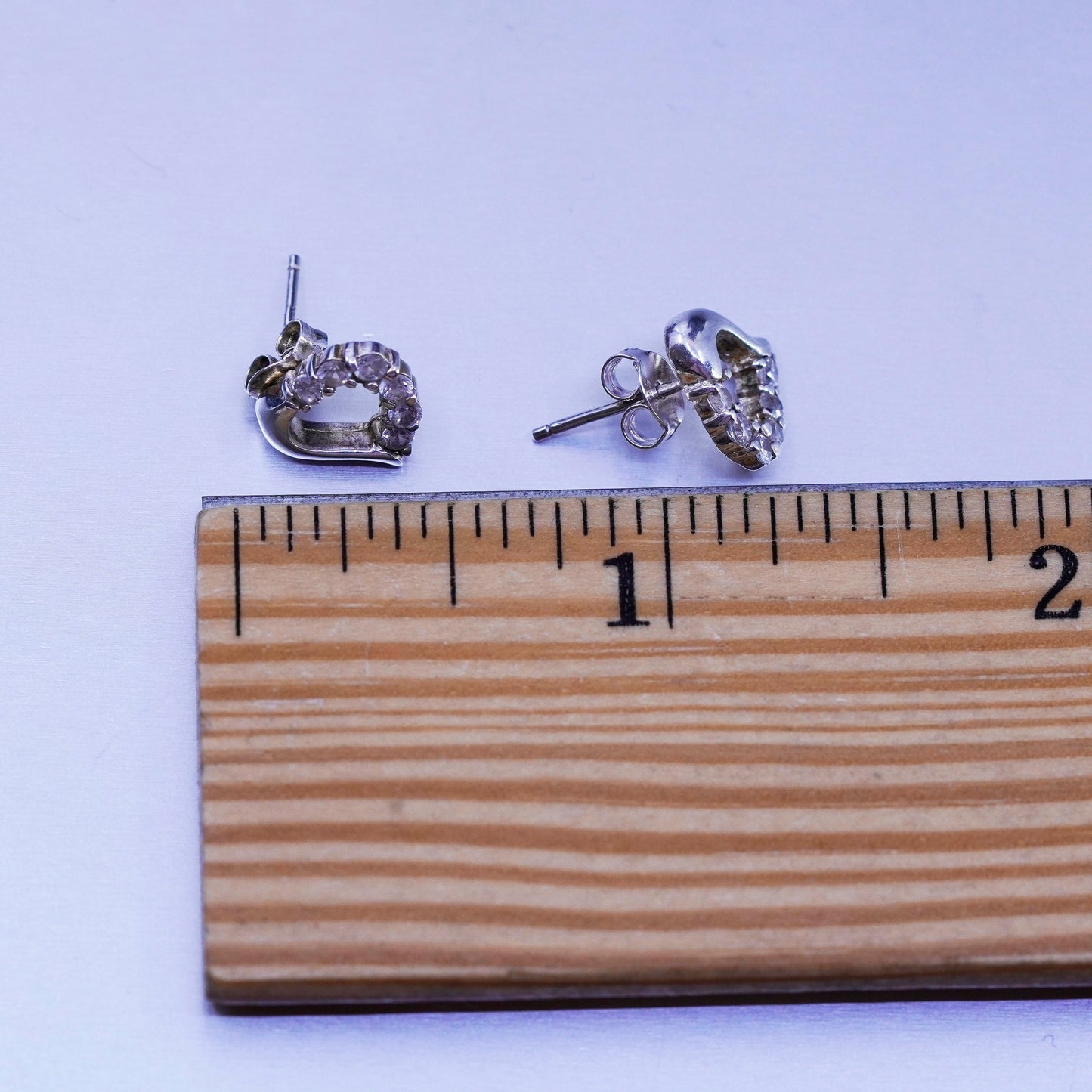 Vintage Sterling 925 silver handmade heart earrings, studs with cz