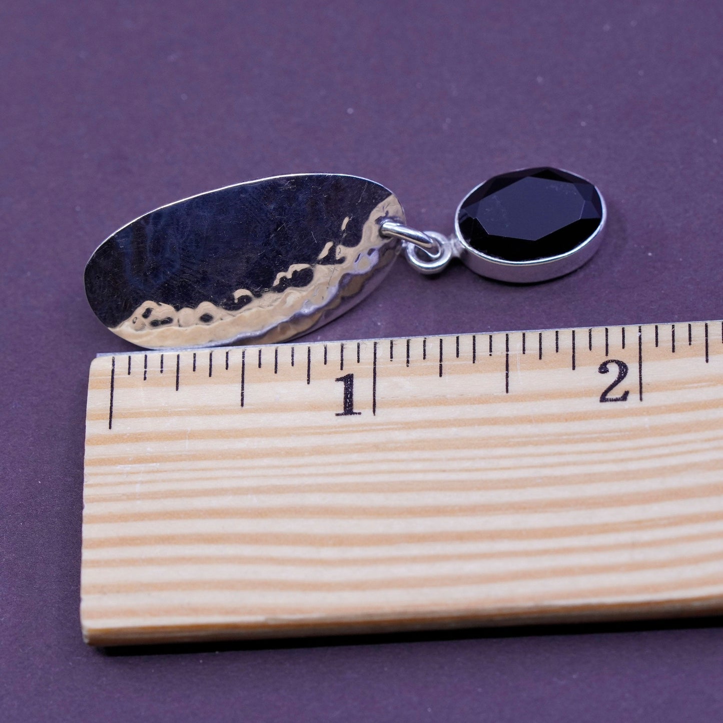 handmade sterling silver earrings, 925 oval hammered disc with obsidian dangles