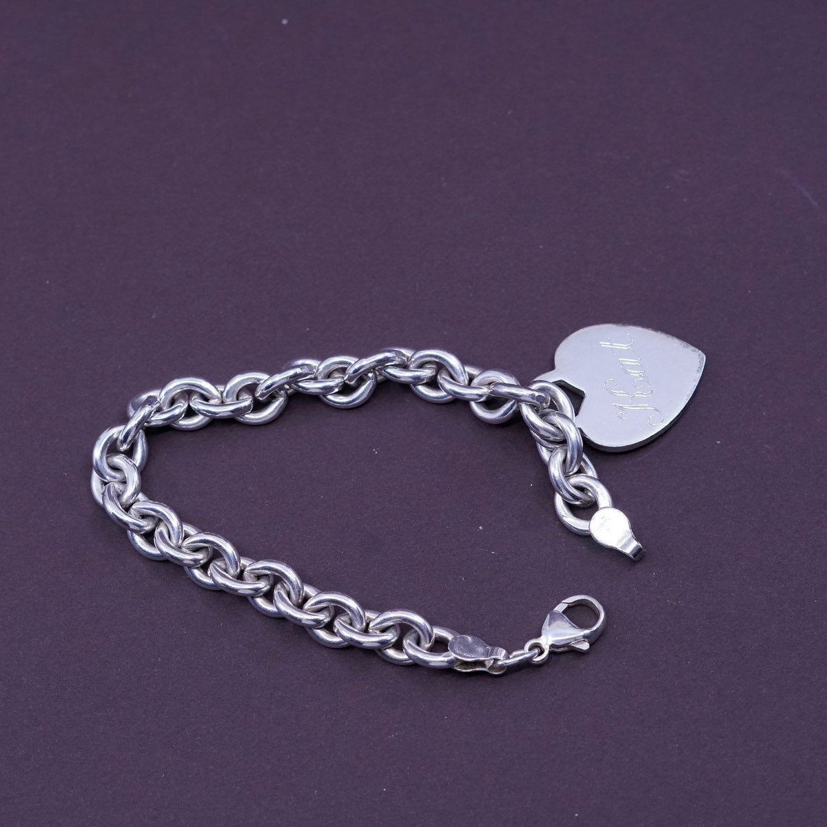 6.75”, 8mm, Sterling silver handmade charm bracelet, 925 circle chain w/ heart