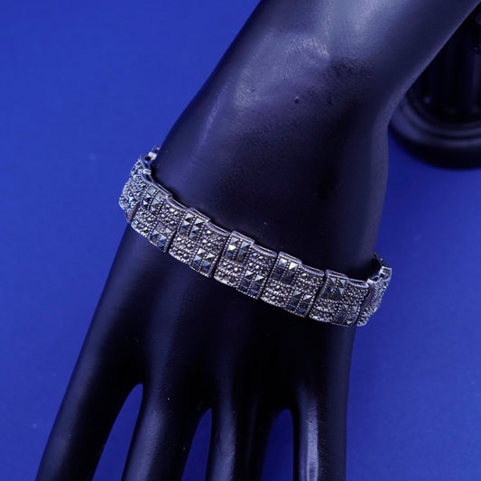 7.5”, vintage sterling 925 silver tennis square bracelet with marcasite detail