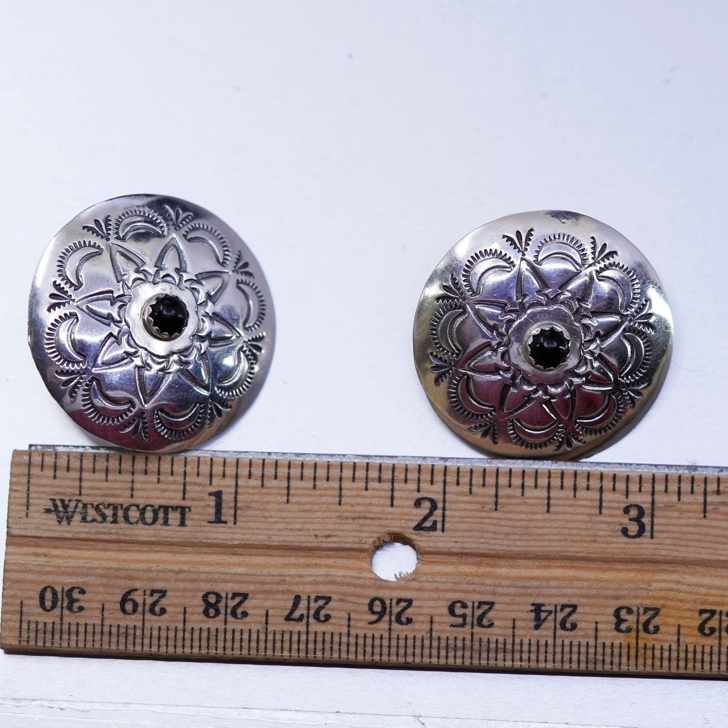 Native American Sterling 925 silver handmade earrings, disc studs obsidian