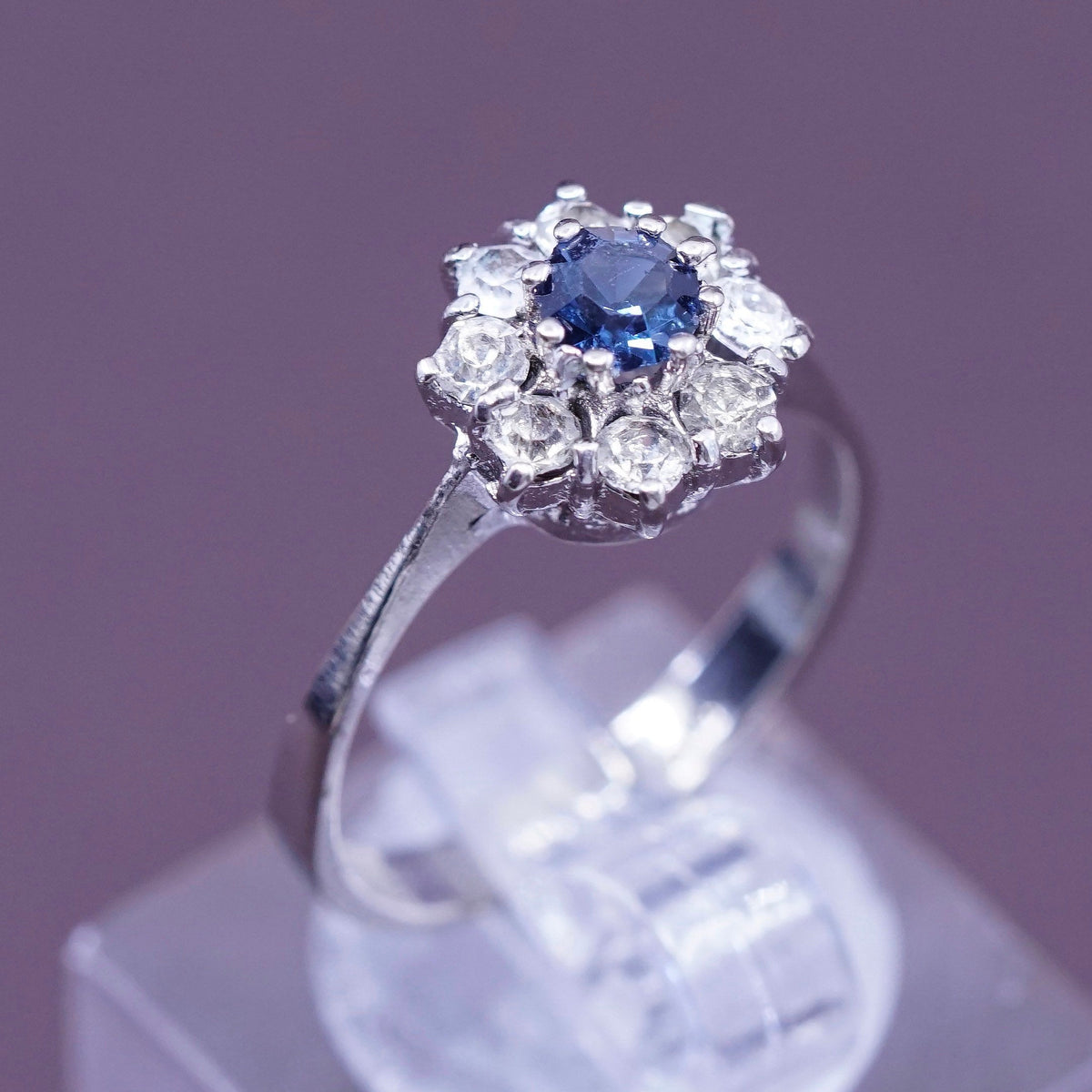 Size 6.5, vintage Sterling 925 silver handmade ring with crystal and sapphire