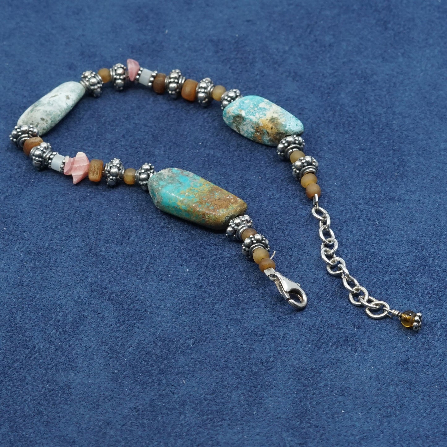 7.5”+1”, vtg sterling silver handmade bracelet, 925 w/ turquoise N coral beads