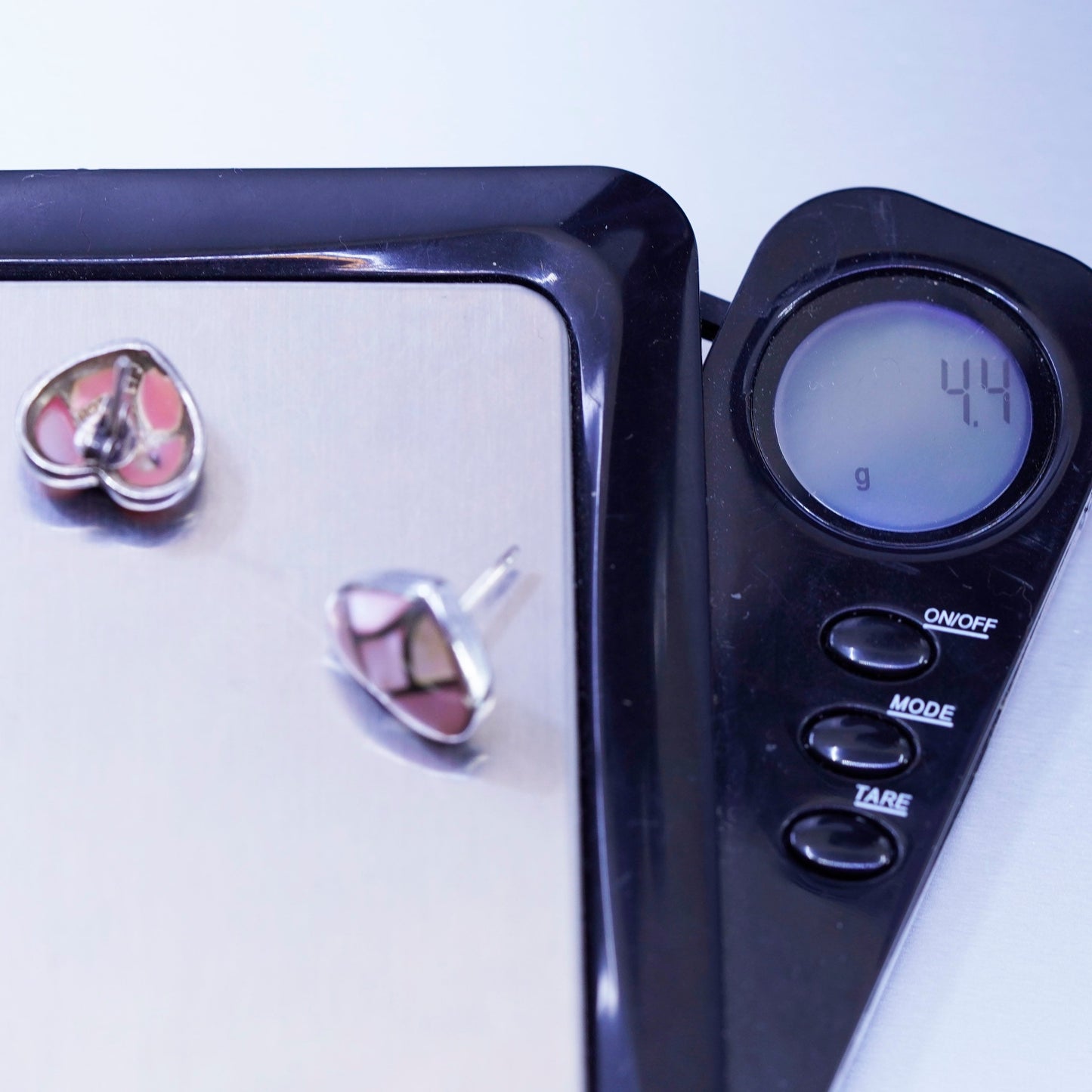 Vintage Sterling 925 silver earrings, heart studs with pink mother of pearl
