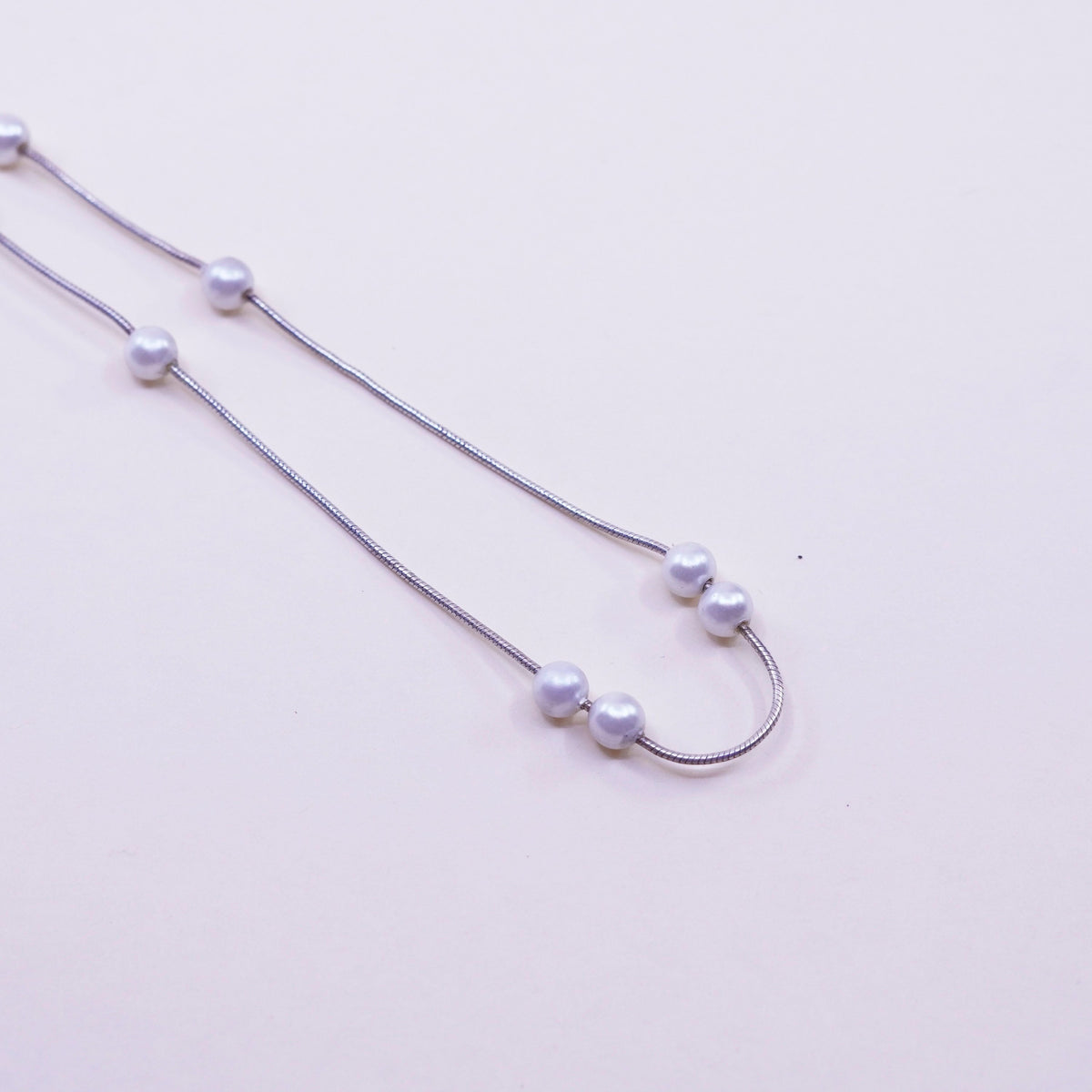 16”, Vintage handmade Sterling 925 silver Snake chain with pearl beads