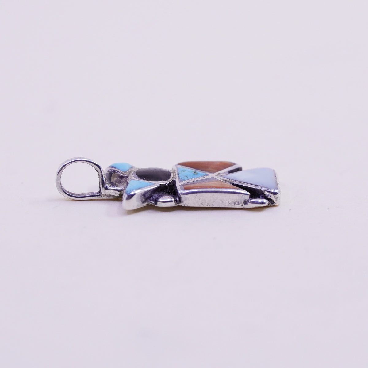 Sterling silver pendant, Navajo 925 runner bird turquoise coral mother of pearl