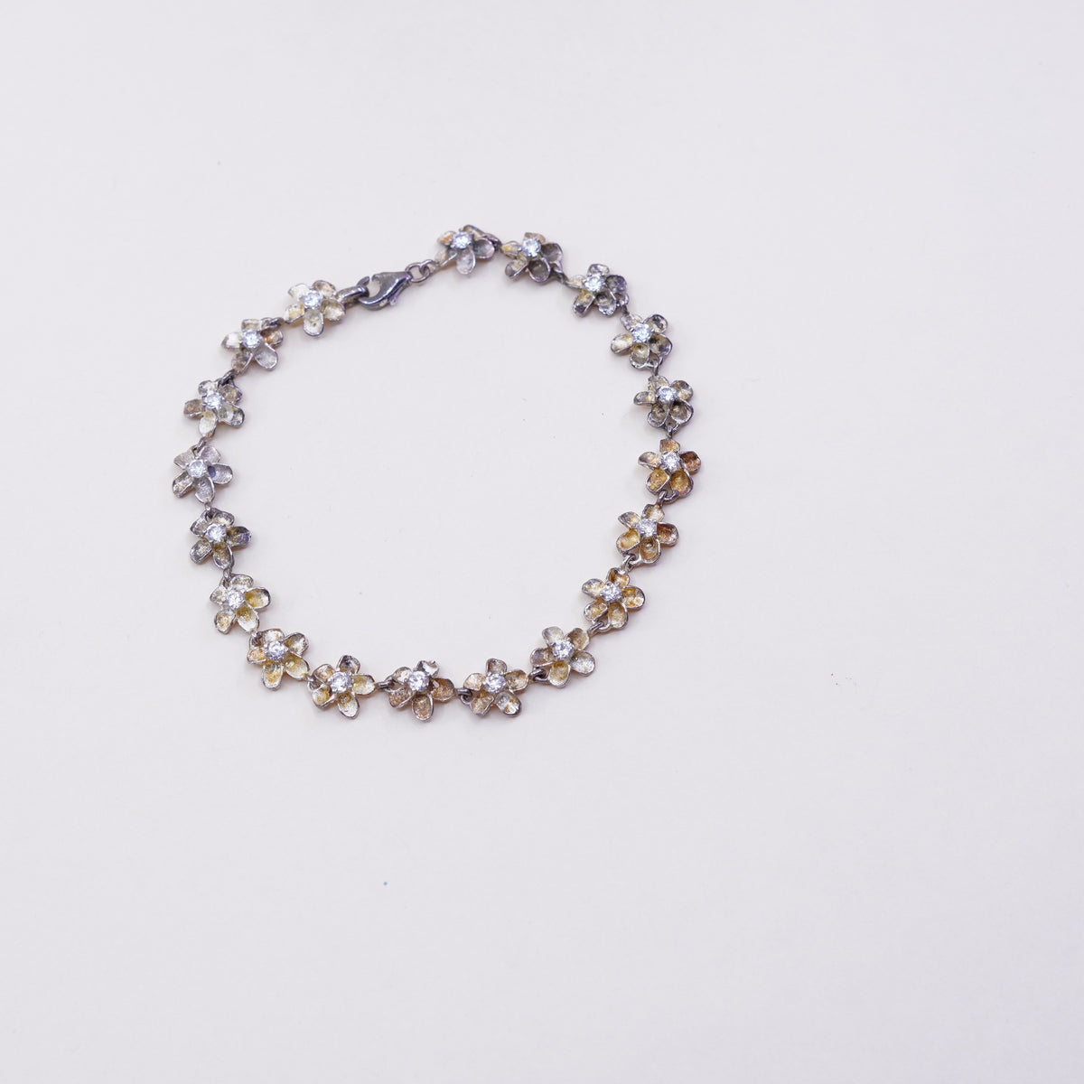 7.5”, Vintage sterling silver bracelet, 925 flowers with Cz, handmade jewelry