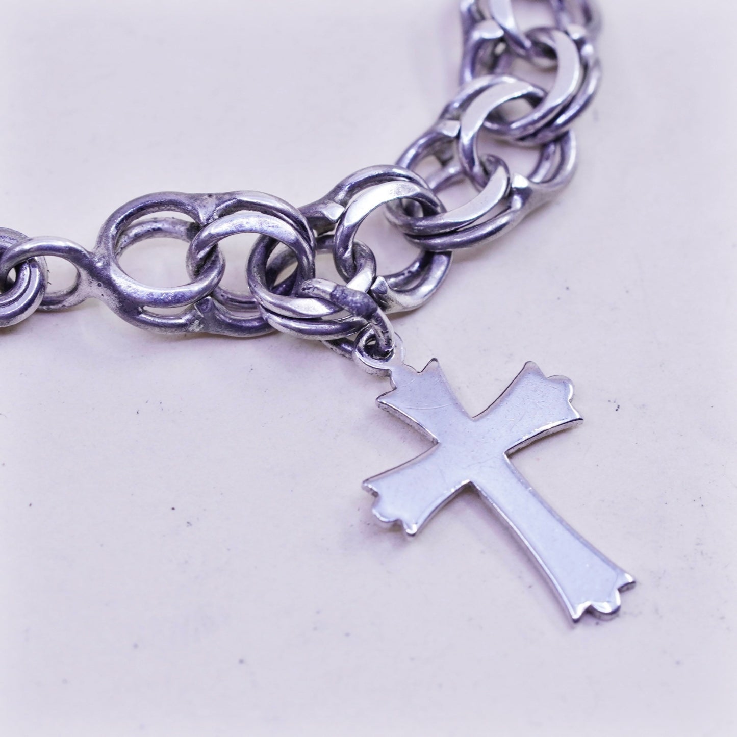 7.25”, 8mm, Vintage sterling silver double curb chain, 925 bracelet cross charm