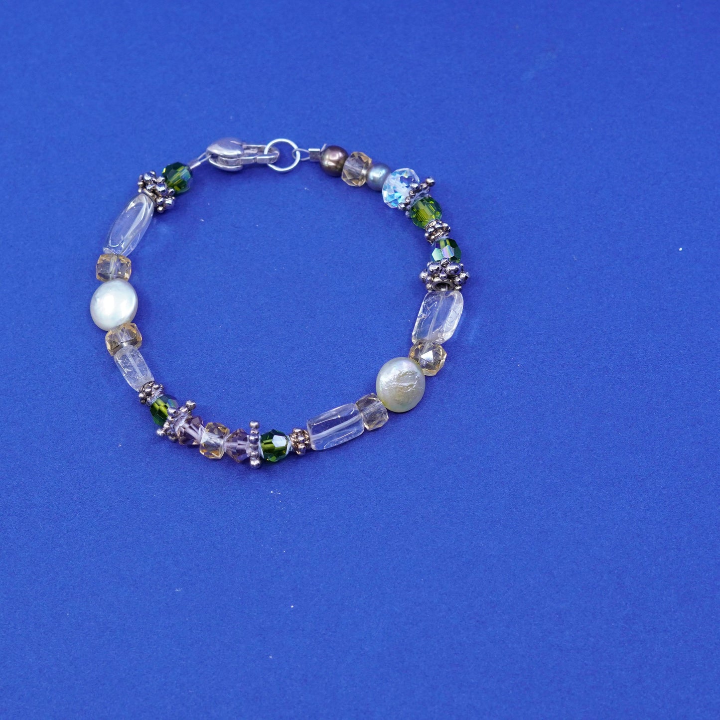 7”, sterling 925 silver handmade bracelet, genuine pearl w/ pink crystal beads
