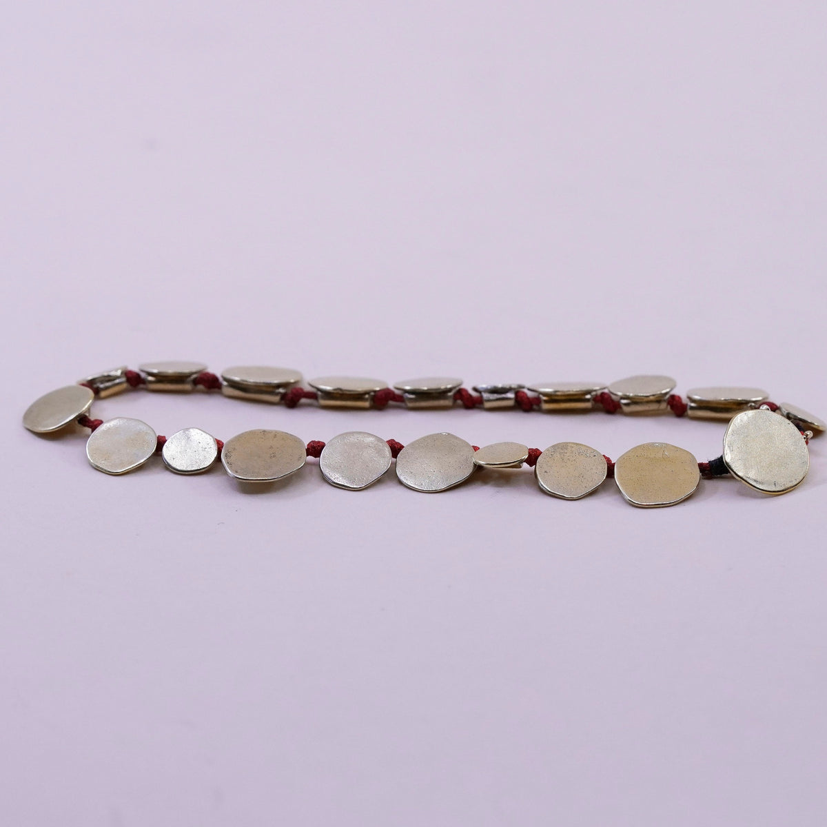 7.25”, vintage gold over Sterling 925 silver bracelet, red linen thread discs