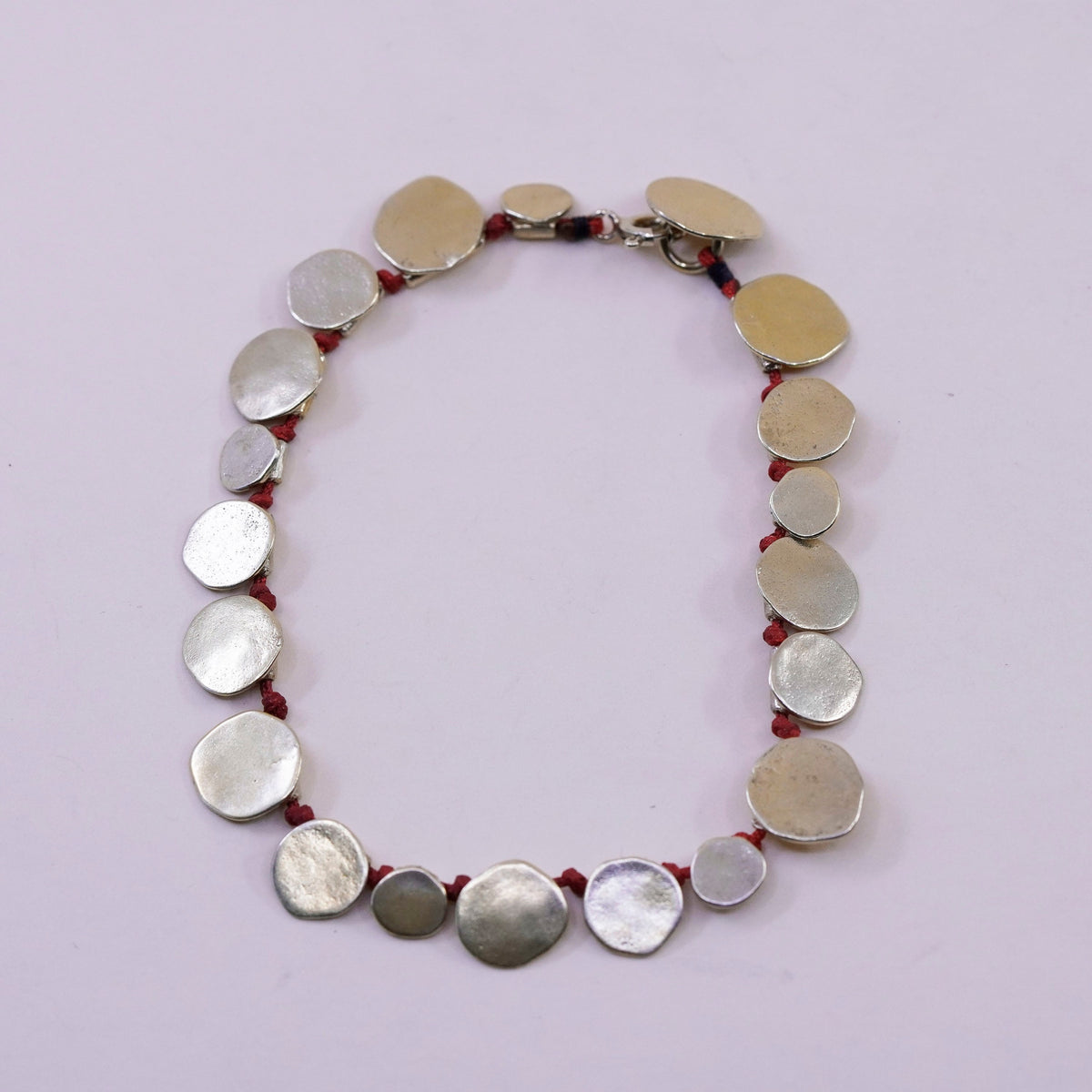 7.25”, vintage gold over Sterling 925 silver bracelet, red linen thread discs