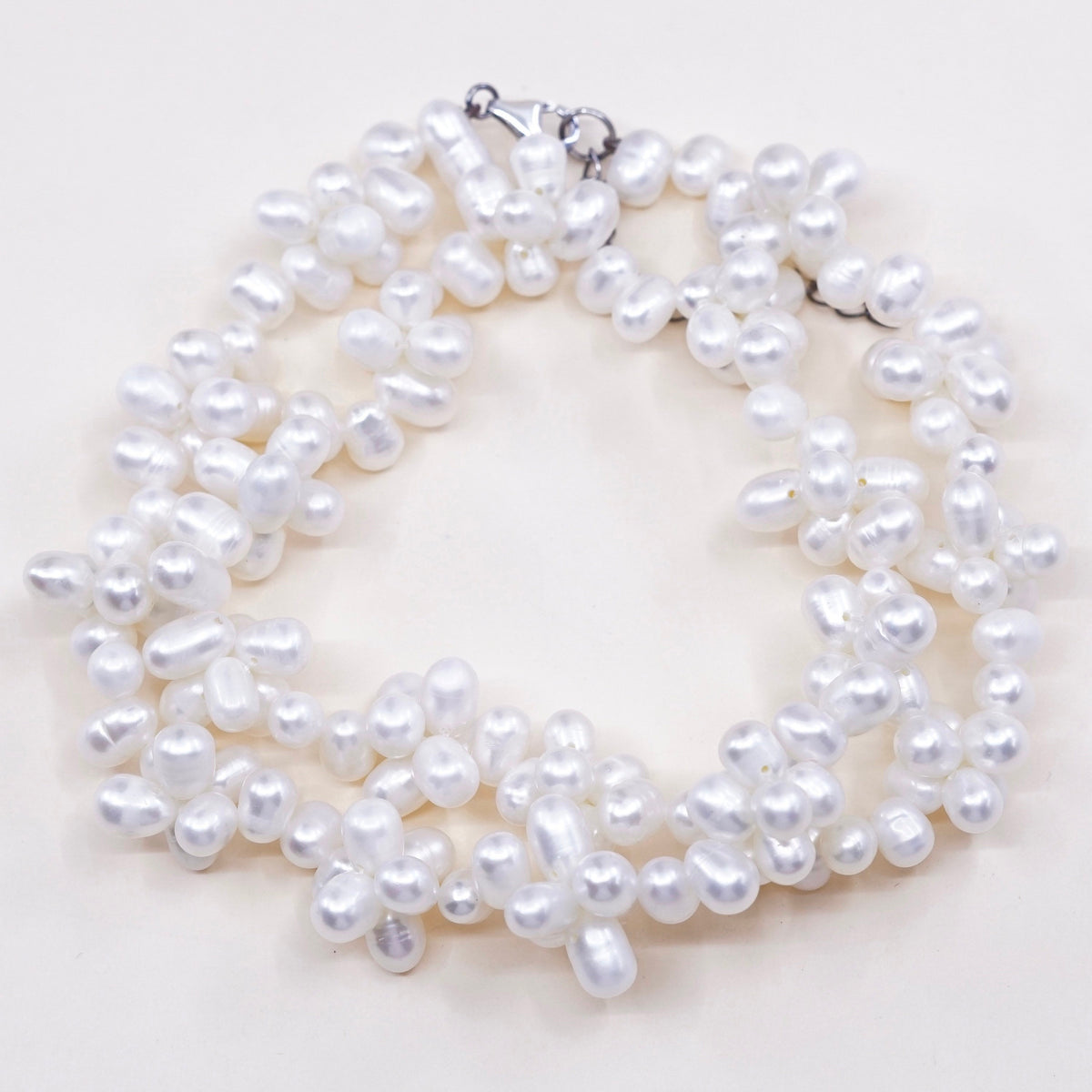 18”, Vintage handmade Sterling silver bead link chain with pearl beads