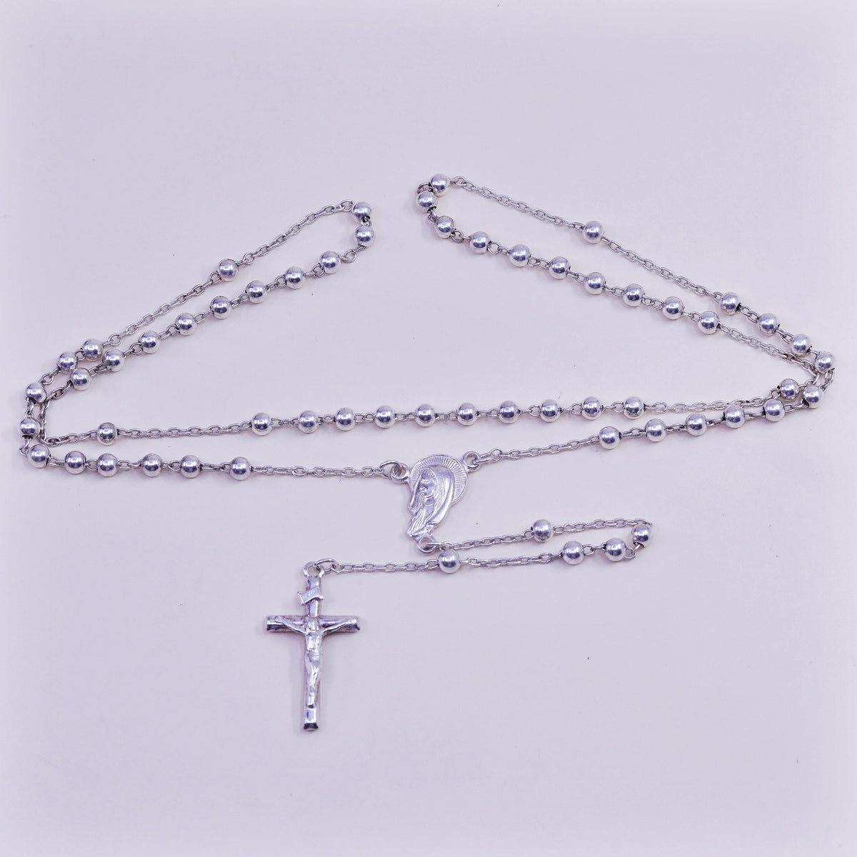 24”, Vintage Israel sterling silver rosary necklace circle chain cross pendant