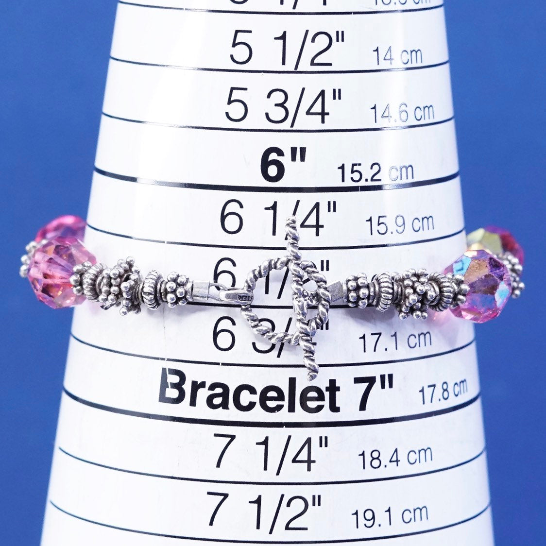 6.5”, vtg sterling silver handmade bracelet, 925 w/ pink crystal beads N toggle