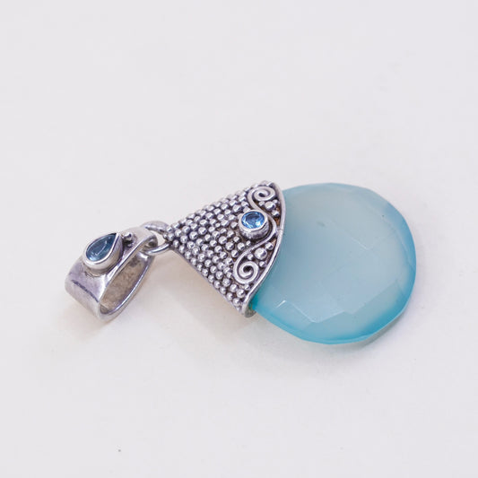 Vintage sajen Sterling 925 silver pendant with Teardrop Chalcedony and topaz