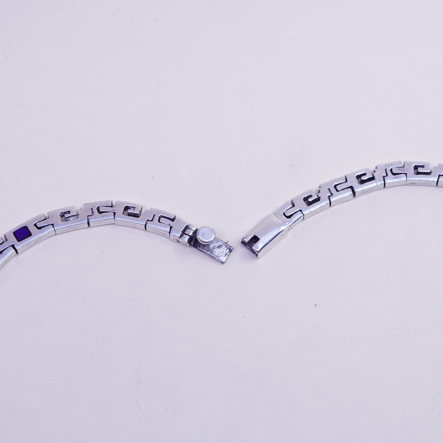17”, vintage Mexico sterling silver necklace, men 925 S link chain blue enamel