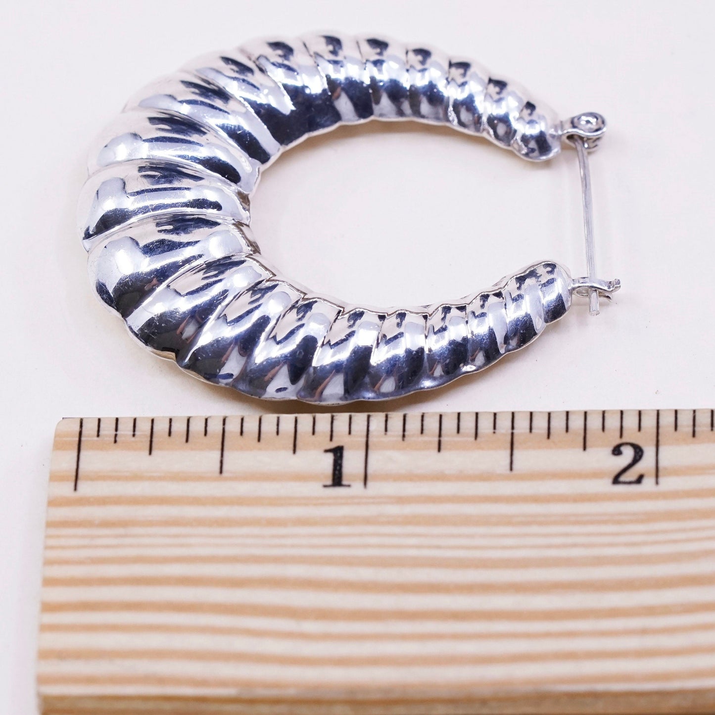 1.75”, vtg sterling silver loop earrings, primitive Ribbed puffy hoops, huggie