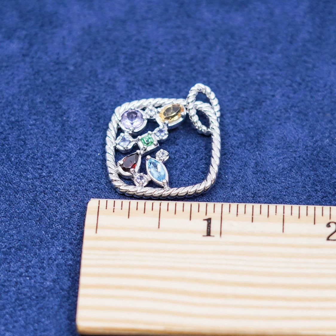 vtg Sterling silver handmade pendant, 925 w/ topaz ruby citrine N cable