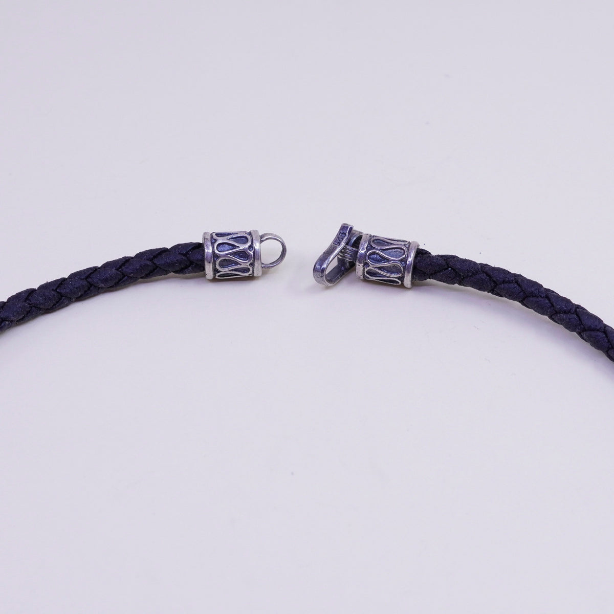 Vintage Braided Black Leather necklace with Pearl and Sterling 925 silver clasp