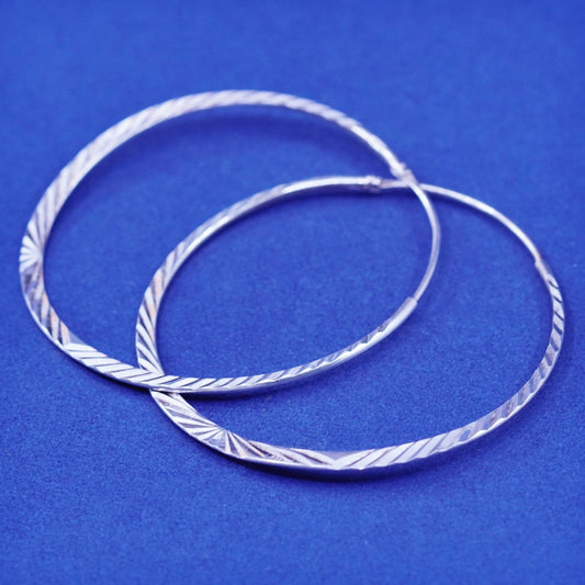 1.75”, vintage Sterling silver handmade hoop earrings, textured 925 huggie