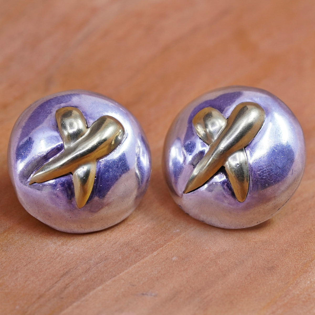 Two Tone Sterling silver handmade earrings, mexico 925 silver round studs