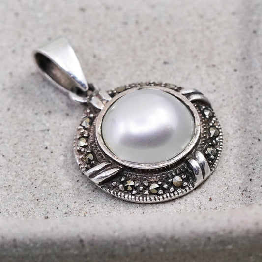 vintage sterling 925 silver handmade circle pendant with pearl marcasite