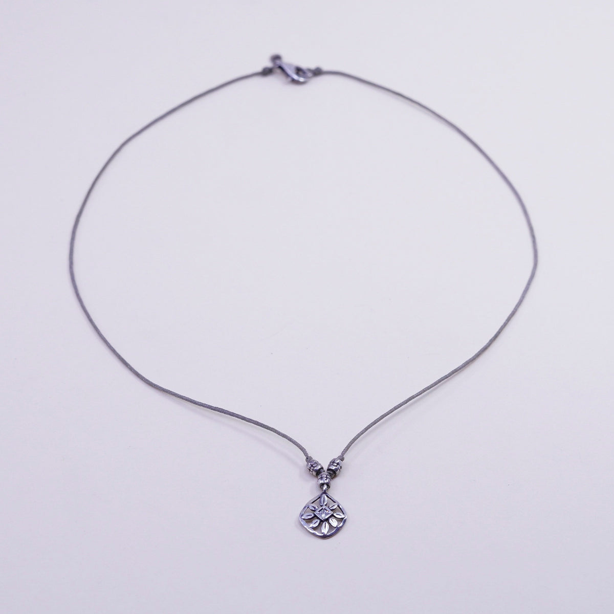16”, Vintage linen necklace and Sterling 925 silver flower pendant