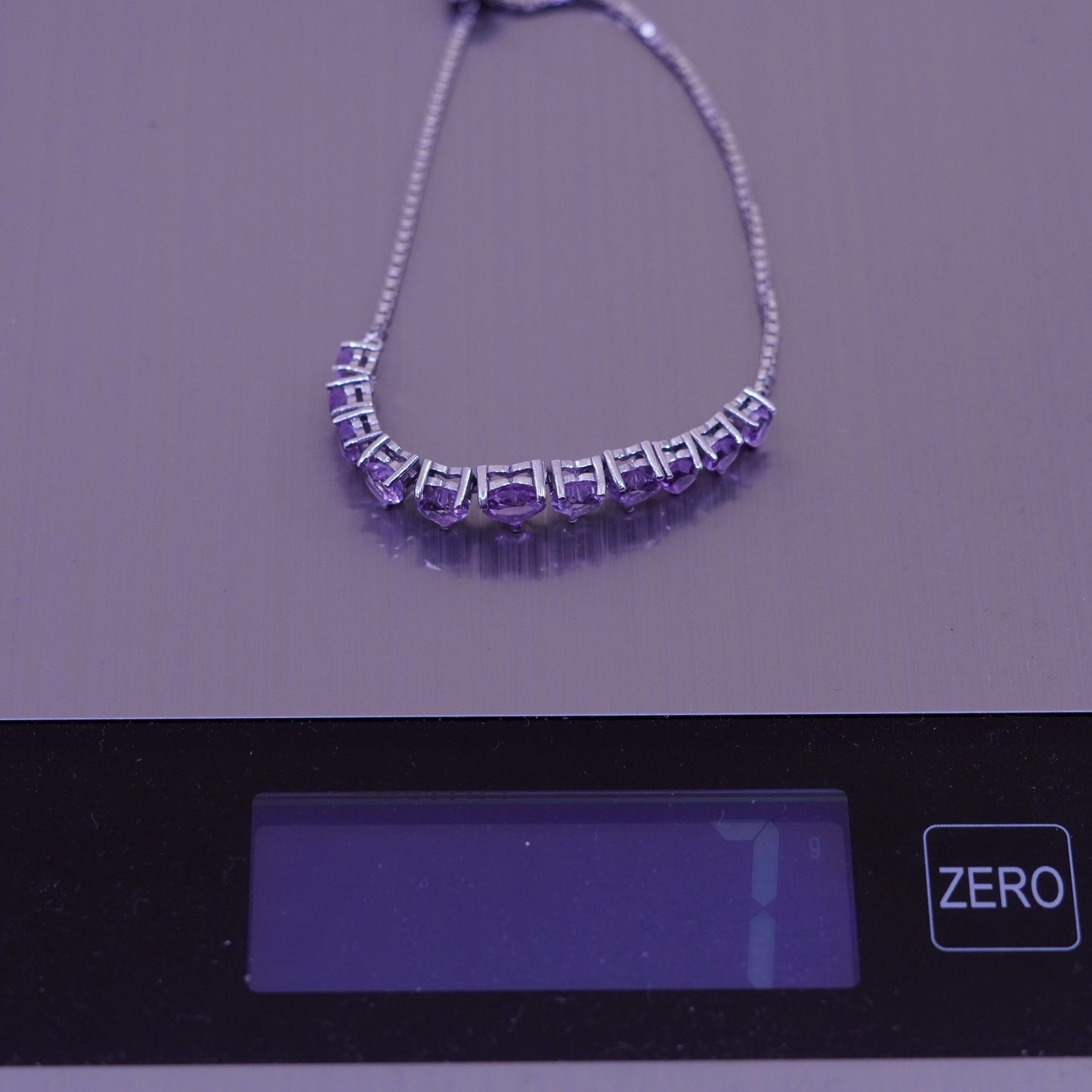 Size adjustable, Vintage sterling silver bracelet, 925 box chain heart amethyst