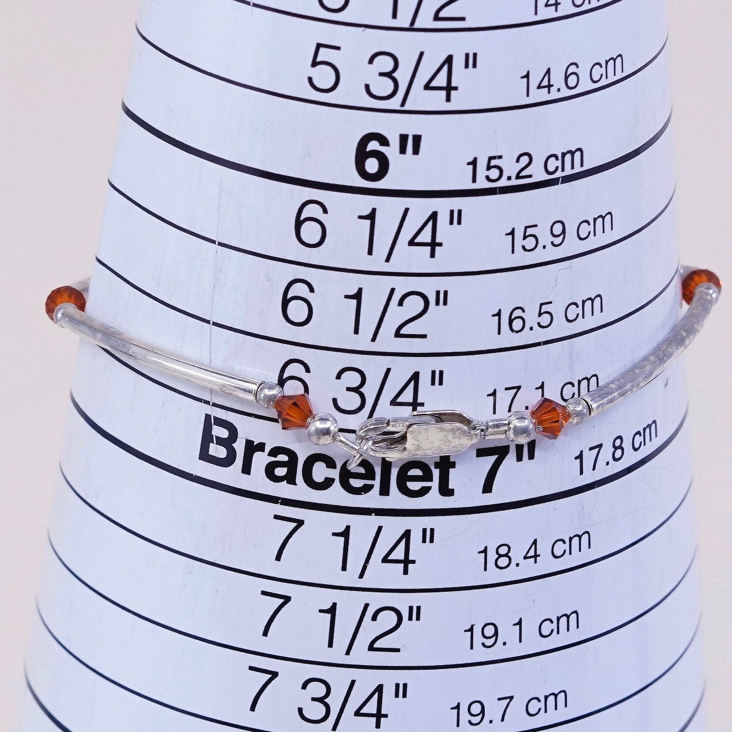 6.75”, vintage 925 Sterling silver bar N beads bracelet w/ orange gemstone