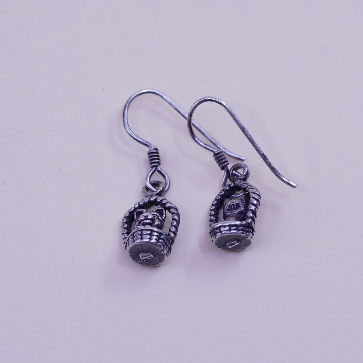Vintage sterling silver handmade earrings, 925 dog puppy in basket dangles