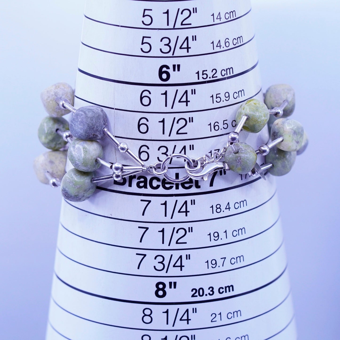 7+1”, vintage Sterling 925 silver handmade bracelet with green jasper beads