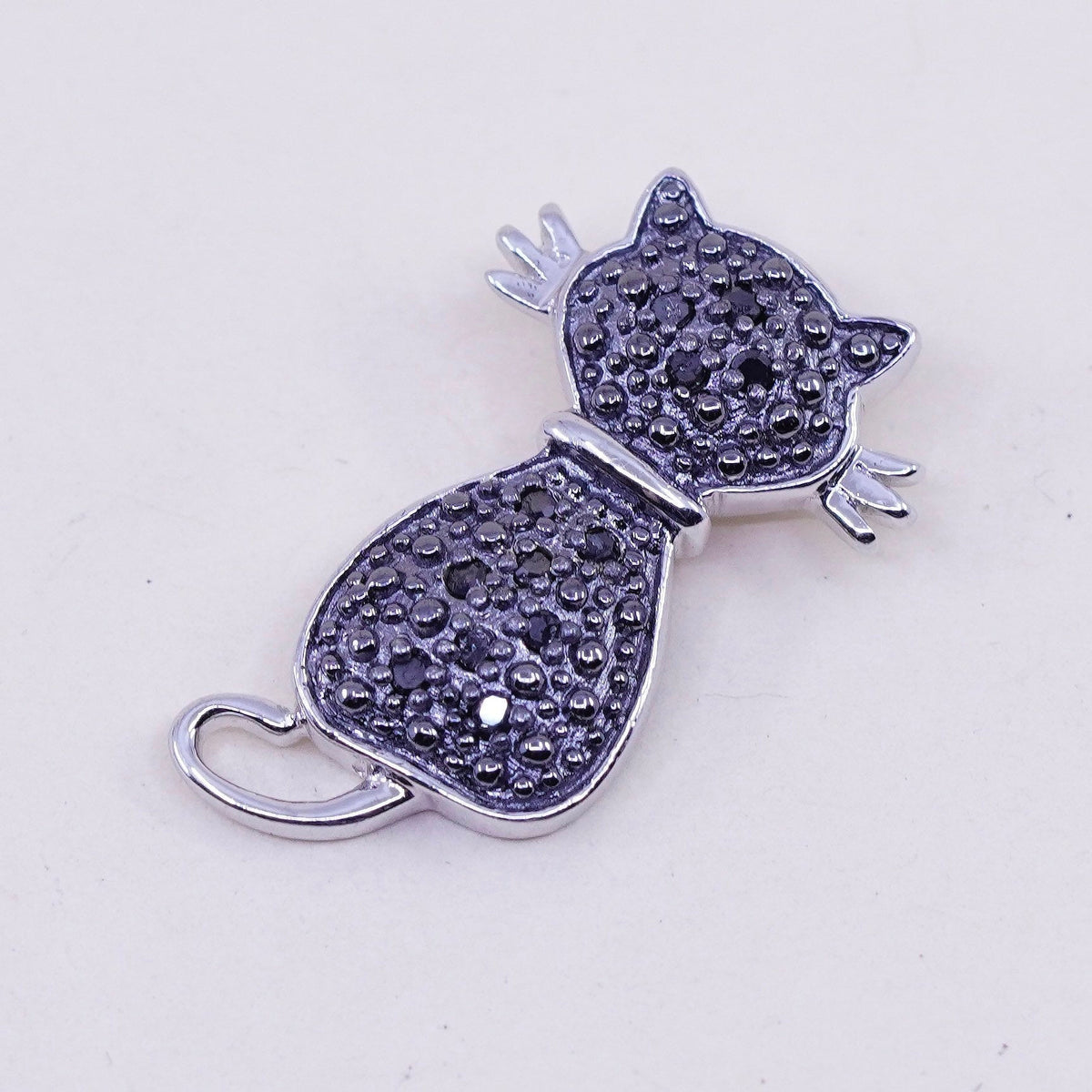Vintage Sterling silver handmade pendant, 925 kitty cat with black diamond
