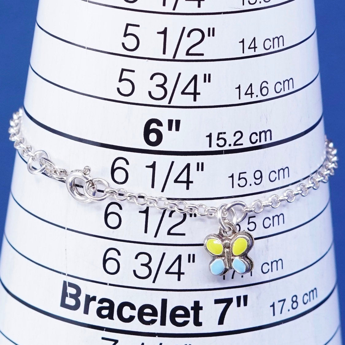 6.25", 1mm, vtg handmade Sterling silver bracelet, circle chain butterfly charm