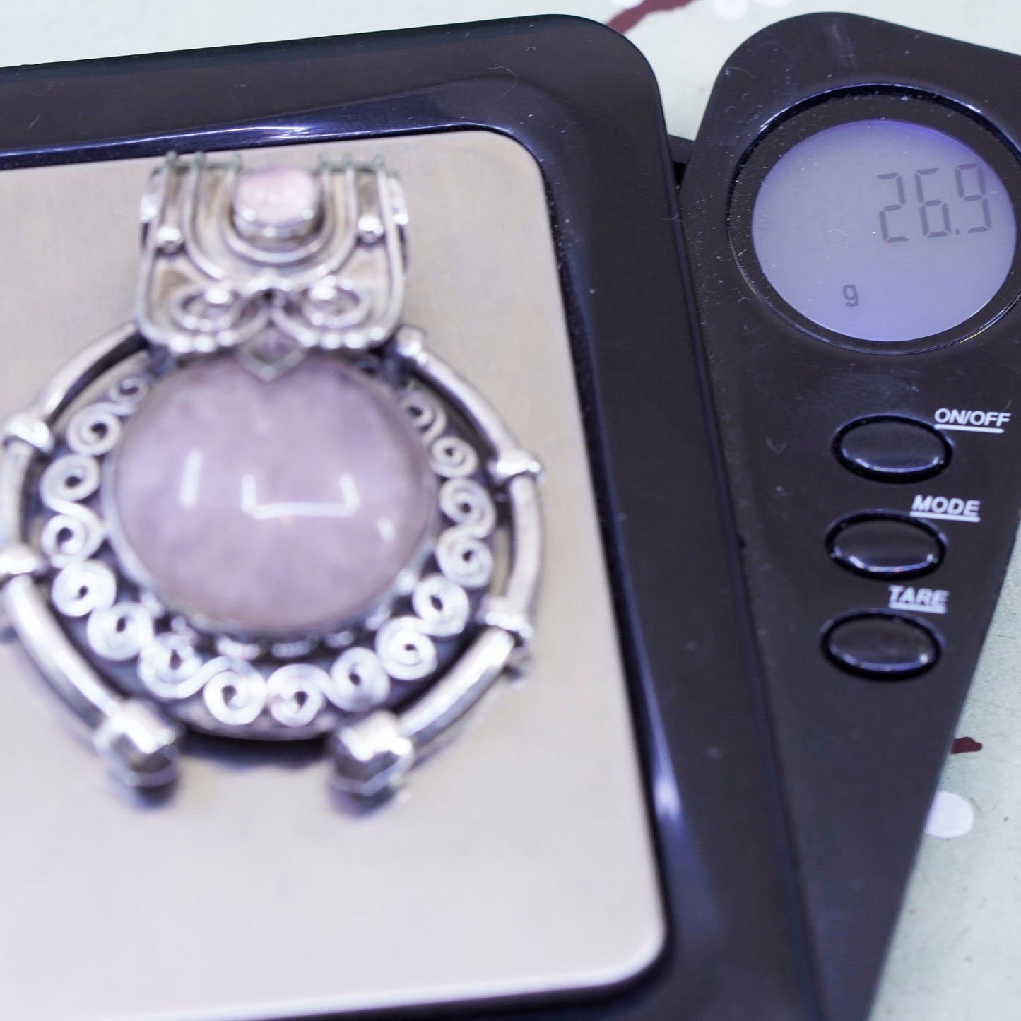 Vintage sajen Sterling 925 silver handmade pendant with round rose quartz
