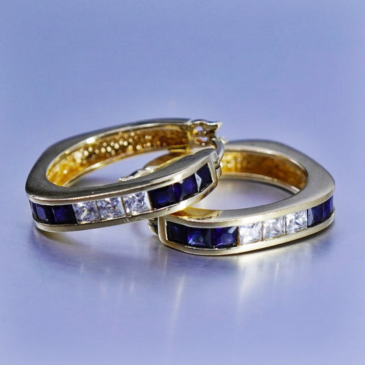 0.75”, vermeil gold over Sterling silver earrings, square 925 hoops sapphire cz