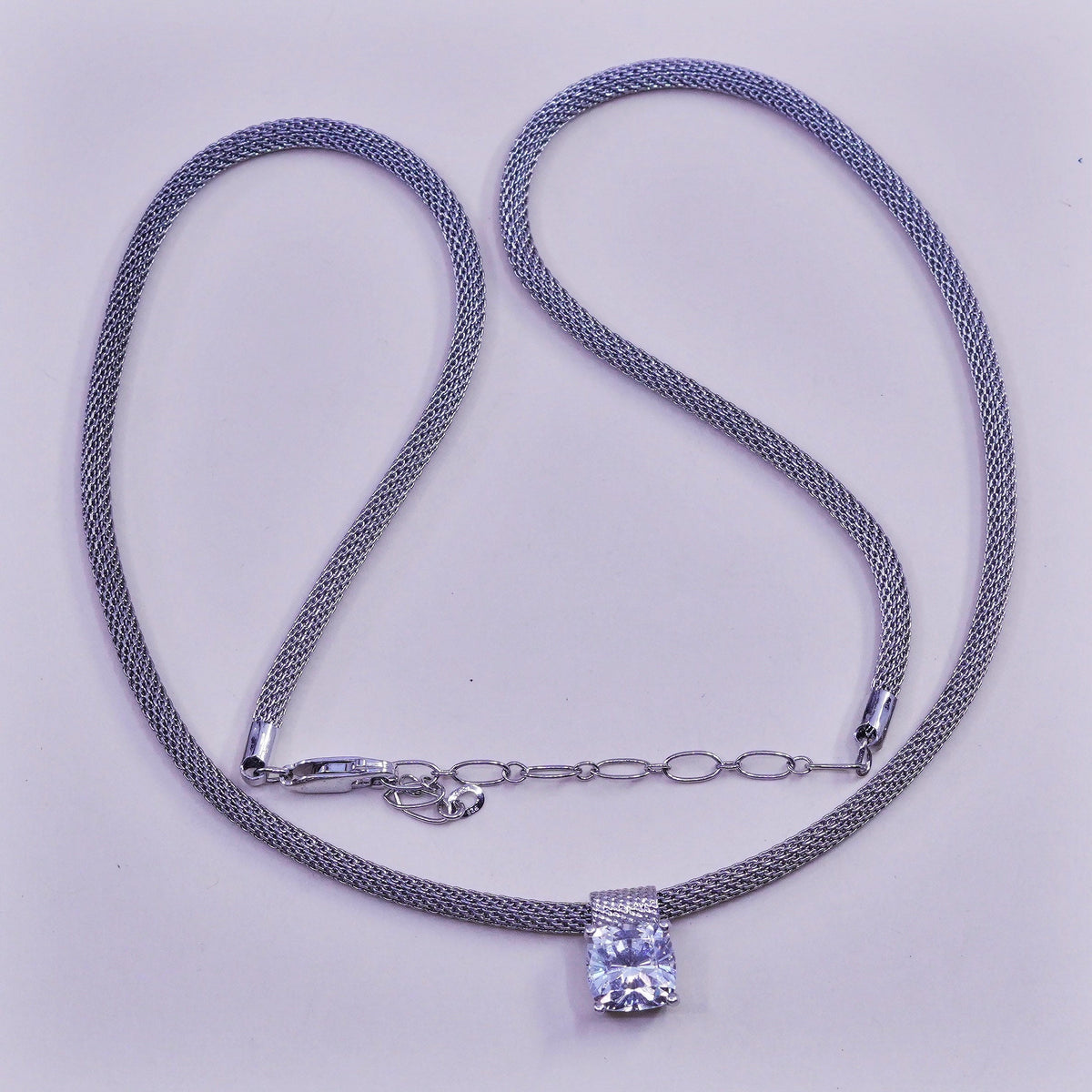 16”, vintage Italy Sterling silver necklace, 925 mesh chain with cz pendant