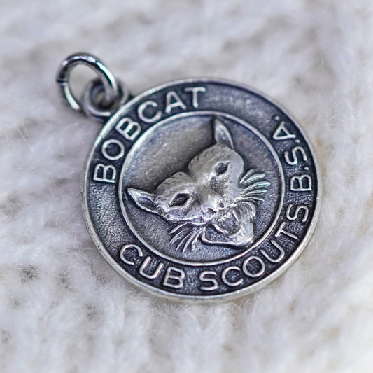 Vintage sterling silver charm, 925 handmade bobcat tag, Cub Scouts BSA