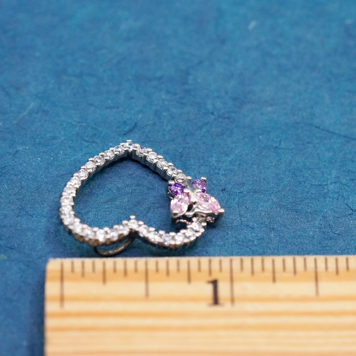 Vintage Sterling silver handmade pedant, 925 heart with cluster cz butterfly