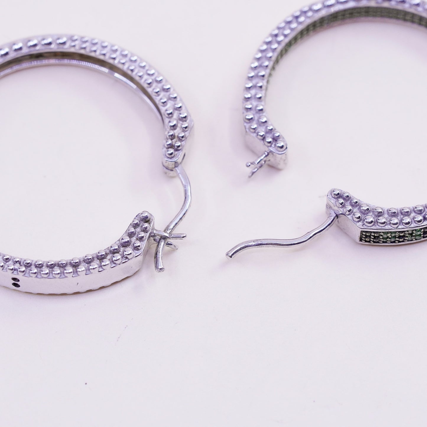 1.25”, sterling silver earrings, 925 silver hoops, Huggie with cluster emerald