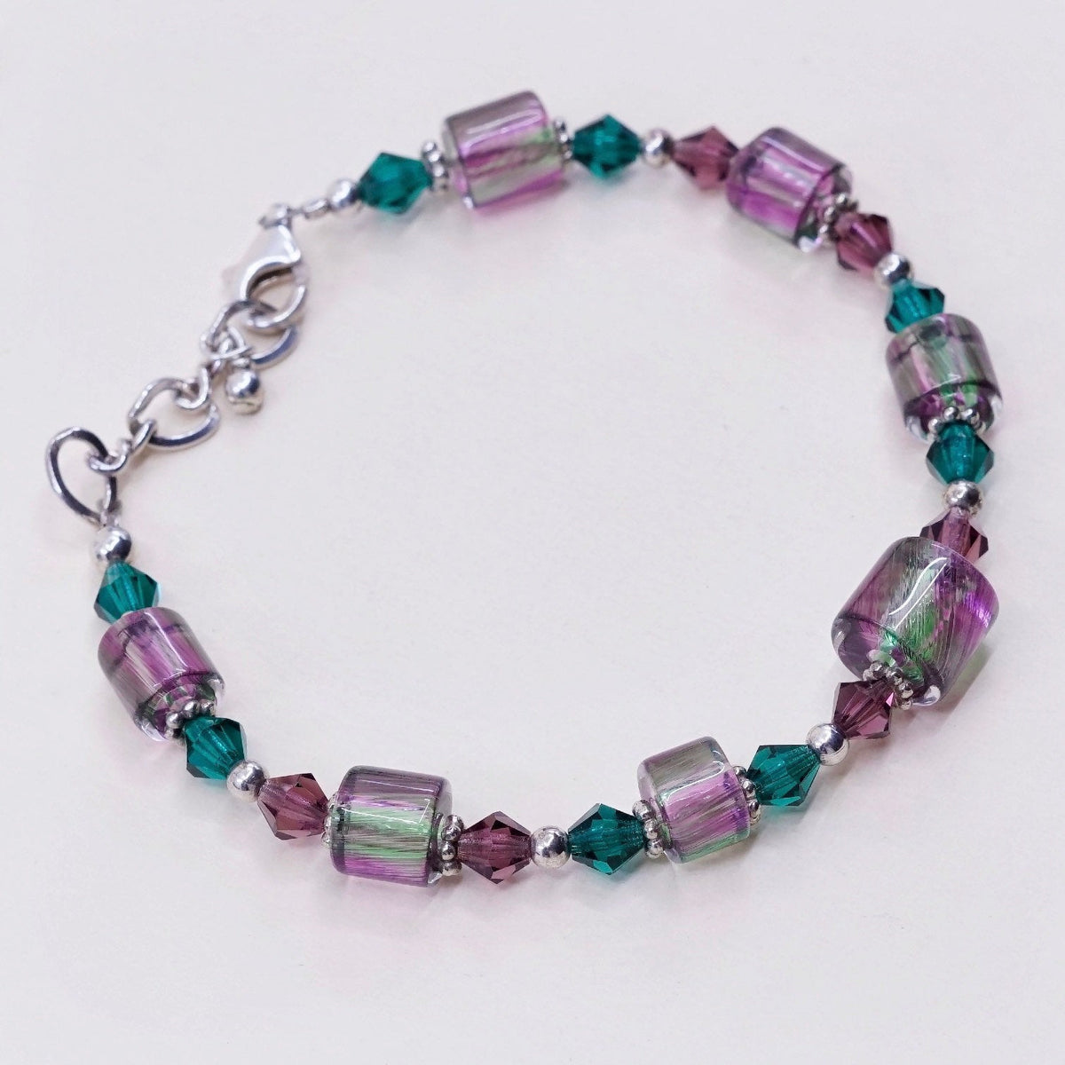 7.5”, vtg Sterling silver handmade bracelet, 925 beads w/ purple green crystal