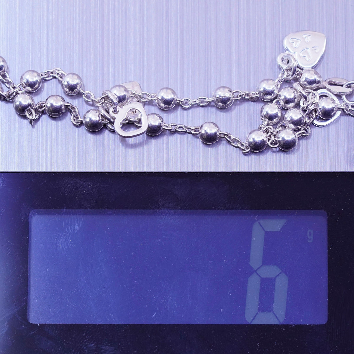 9.75”, sterling silver handmade anklet bracelet, 925 circle chain heart charms