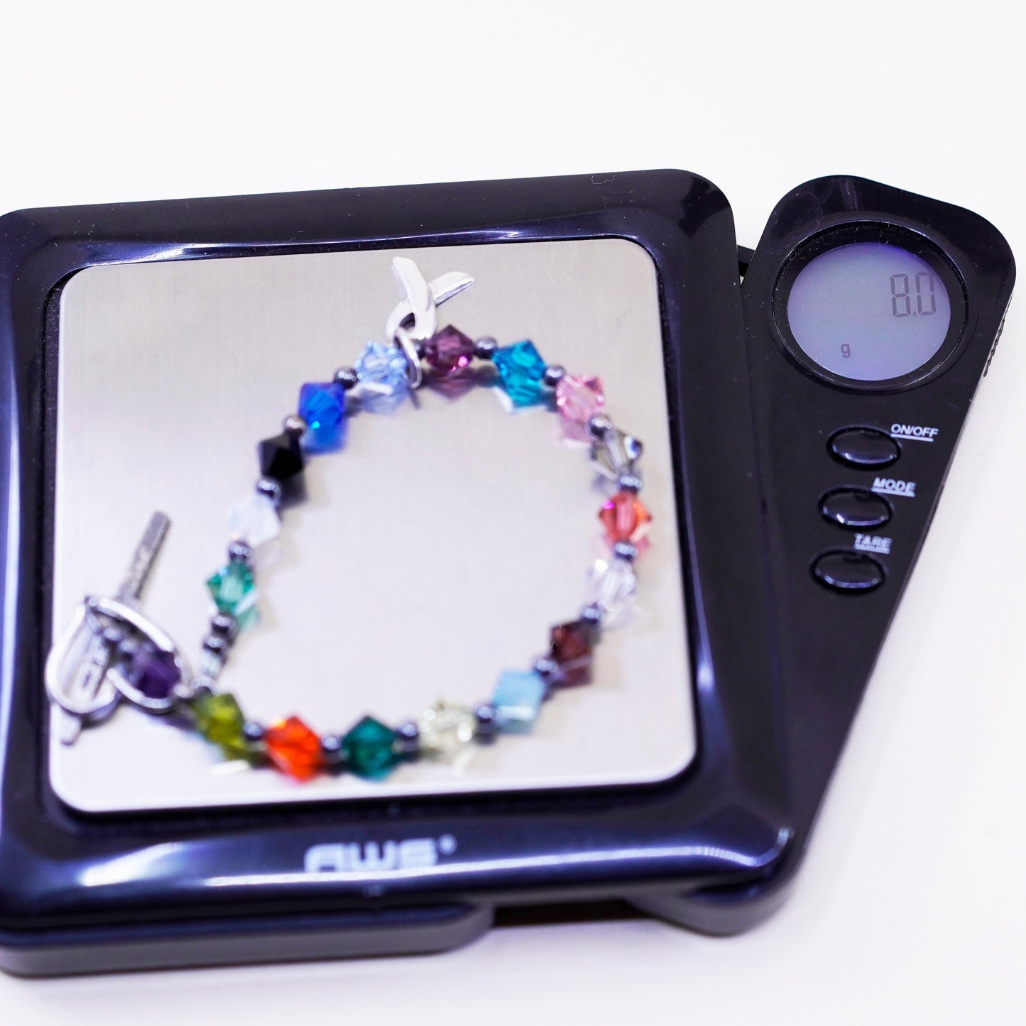 6.5”, Sterling 925 silver bracelet, colorful crystal breast cancer ribbon charm