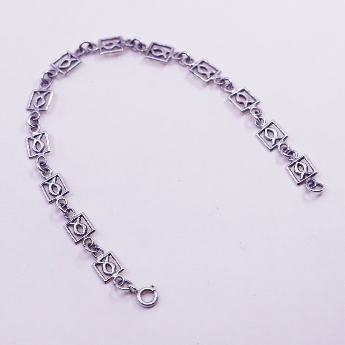 7.5”, Vintage sterling silver handmade bracelet, 925 silver fish link chain